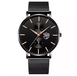 New Stainless Steel Analog Quartz Black Rose Gold Business Casual Mens Watch